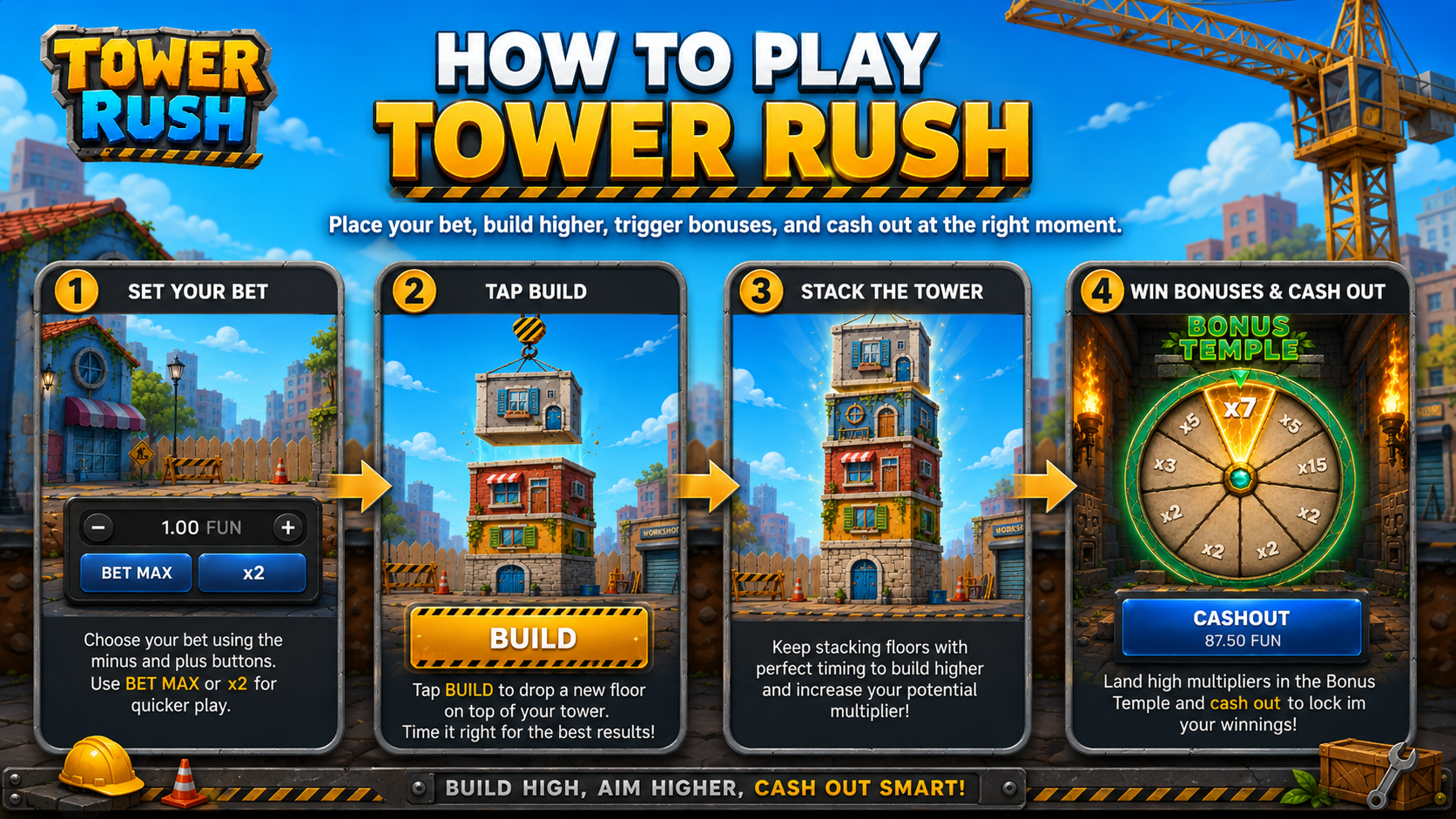 How to play the Tower Rush game - set a bet, press Build, then Cash Out