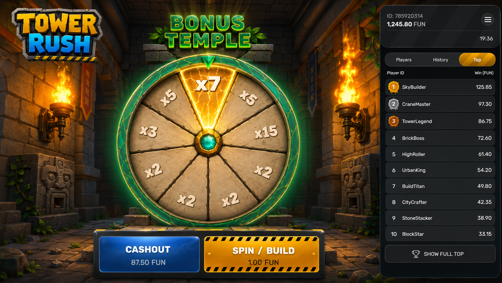 Tower Rush game Bonus Temple wheel with multipliers from x1.5 to x7